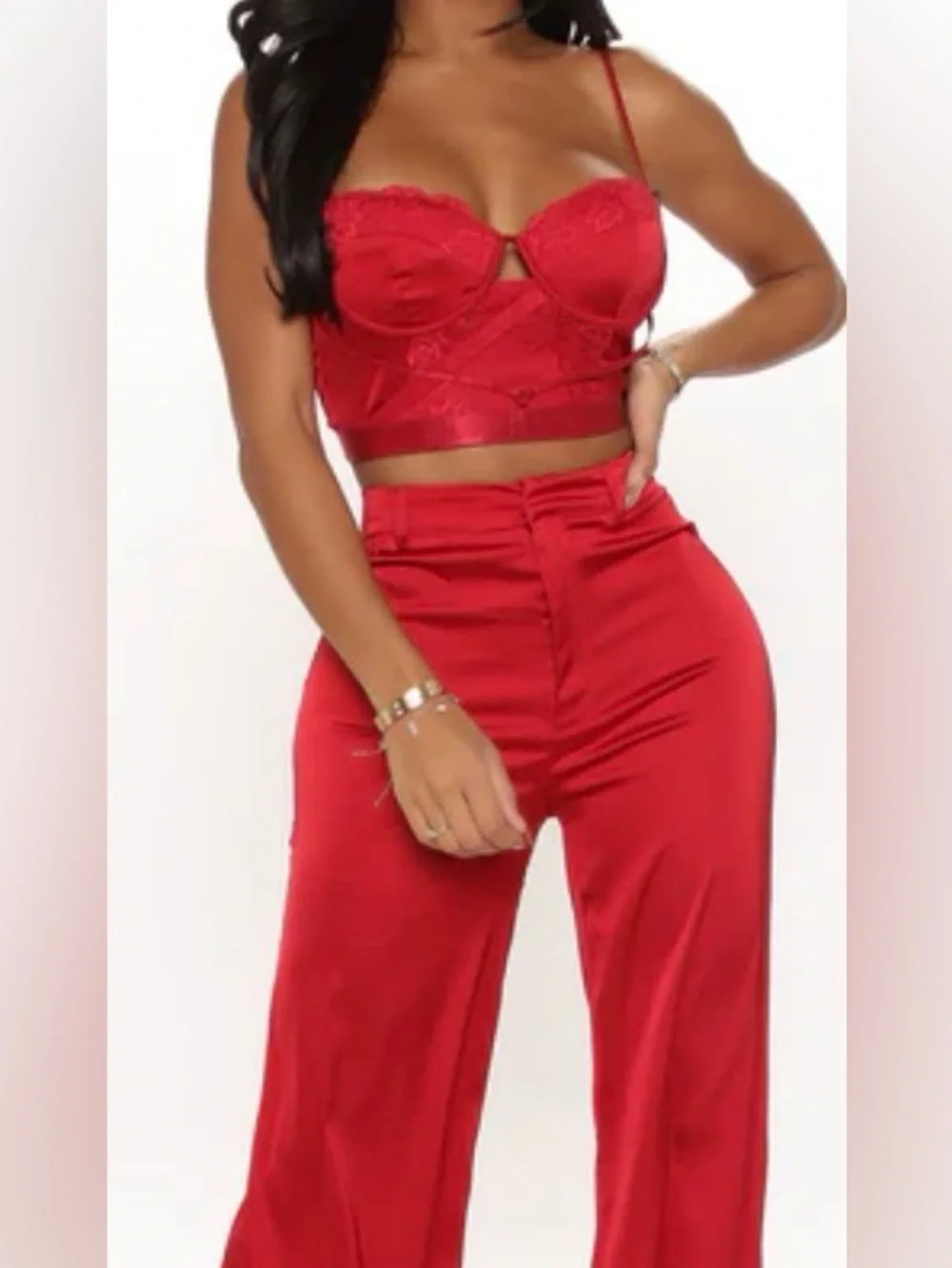 High-Rise Wide-Leg Satin Pants in Red with matching top set